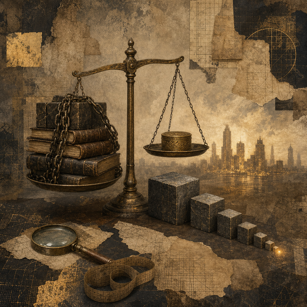 An antique brass scale weighing a stack of chained ledger books against a single small coin box, beside a staircase of shrinking blocks and a distant golden skyline.