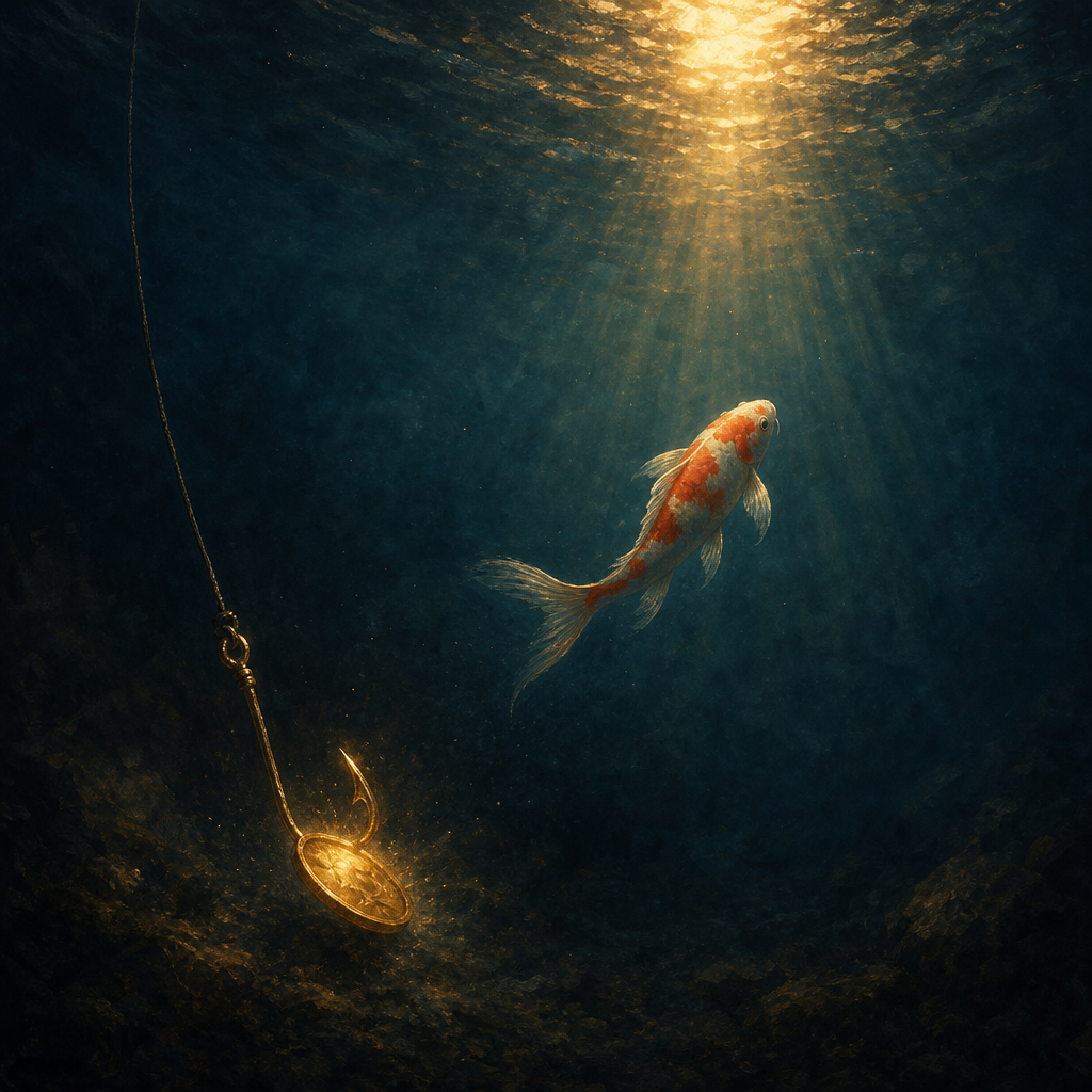 Editorial illustration of a fish turning away from a glowing golden fishhook deep underwater, swimming toward a calm shaft of warm light from the surface above.