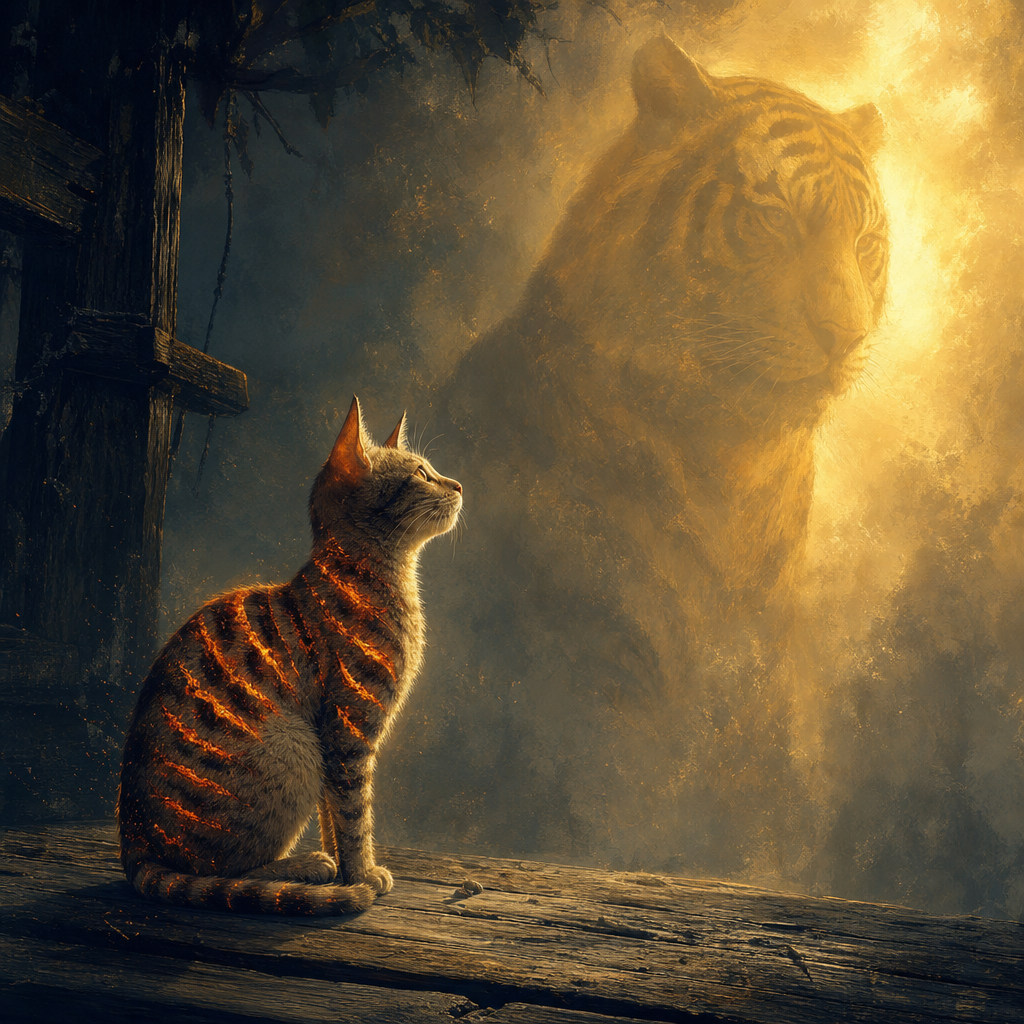 Editorial illustration of a small cat with glowing brand marks shaped like tiger stripes burned into its fur, looking up at the towering, glowing silhouette of a tiger in the mist.