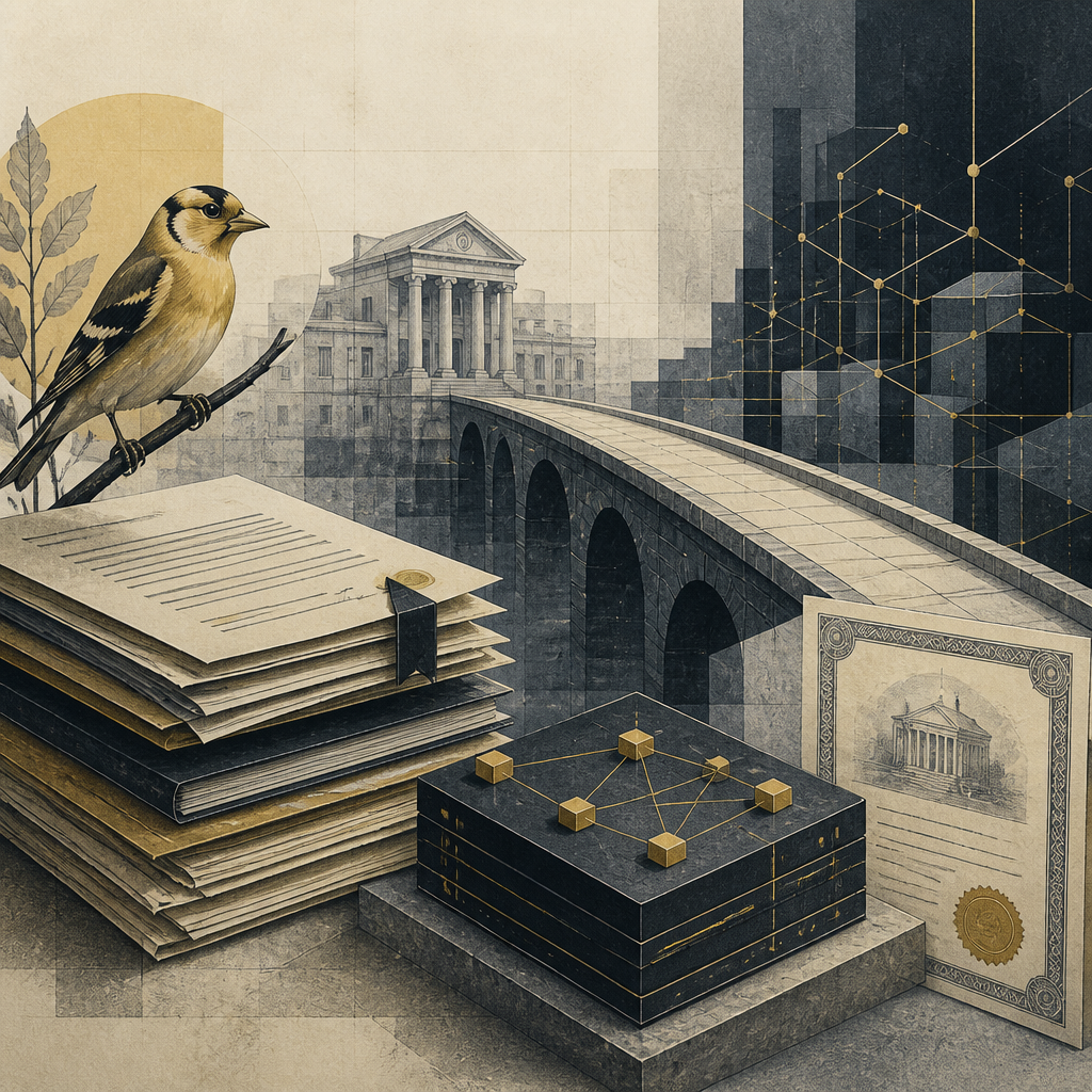 Editorial illustration of a goldfinch beside regulatory documents, a bond certificate, a connected ledger, and a bridge between traditional finance and blockchain infrastructure.