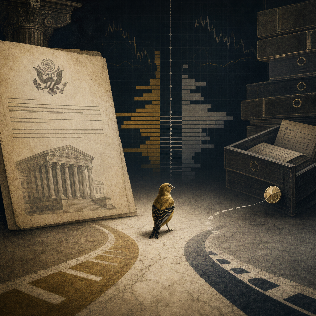 An editorial illustration of a court opinion dividing an exchange order book from a corporate token inventory, with a goldfinch between the two paths.