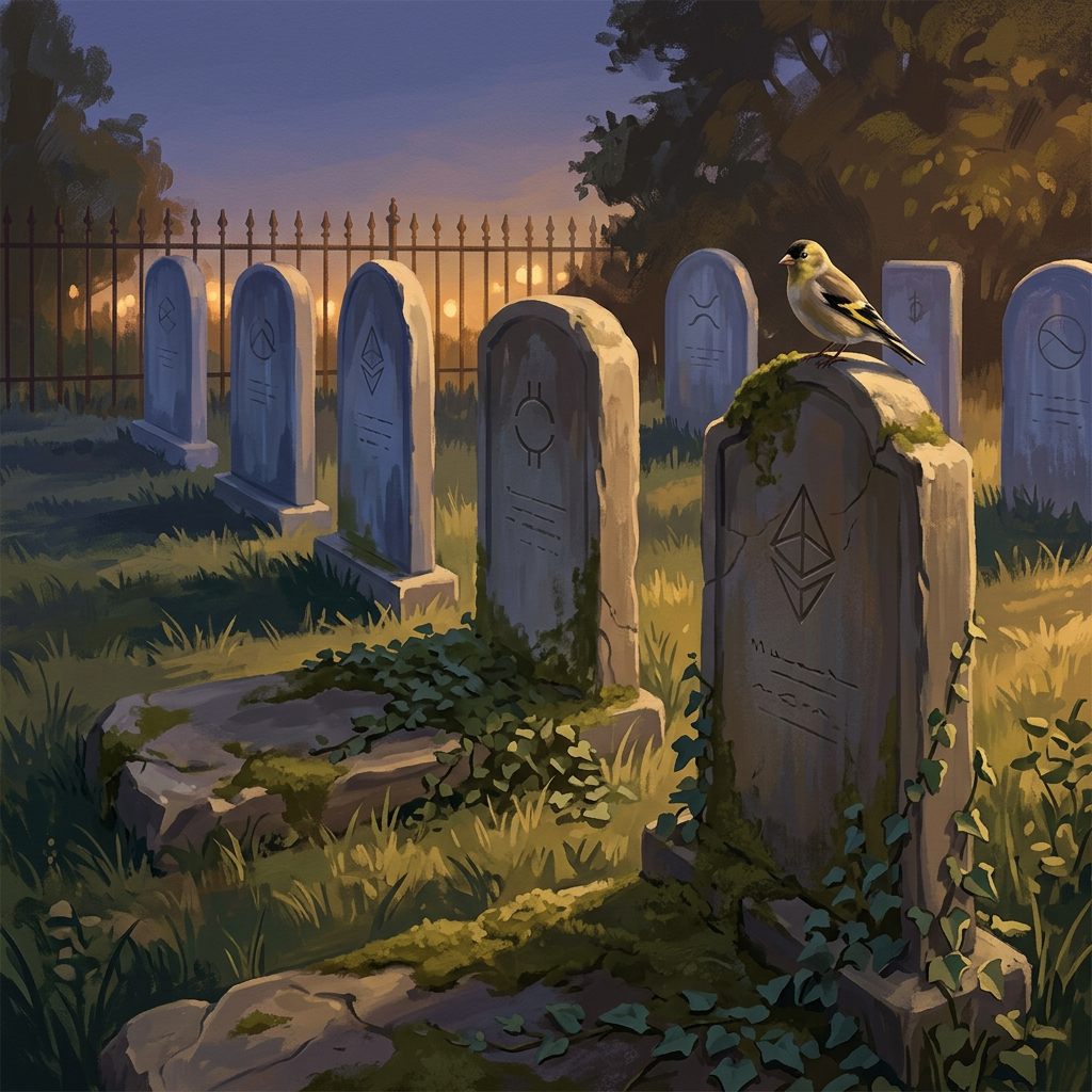 Editorial illustration of a quiet, overgrown graveyard at dusk, with a row of weathered headstones each faintly etched with an abstract ticker-like emblem, and a small goldfinch perched calmly on the nearest headstone.