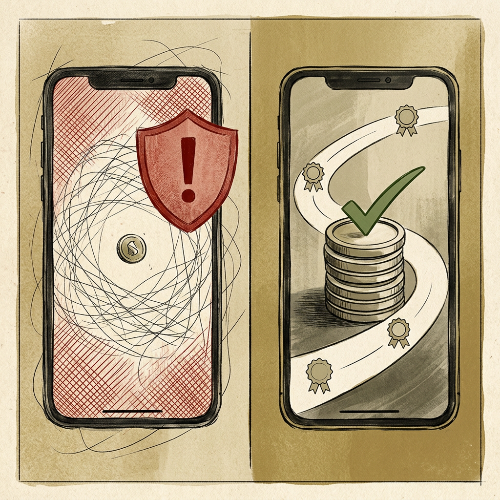 Editorial illustration contrasting a small payment flagged with a large warning against a large crypto purchase sailing through unobstructed.