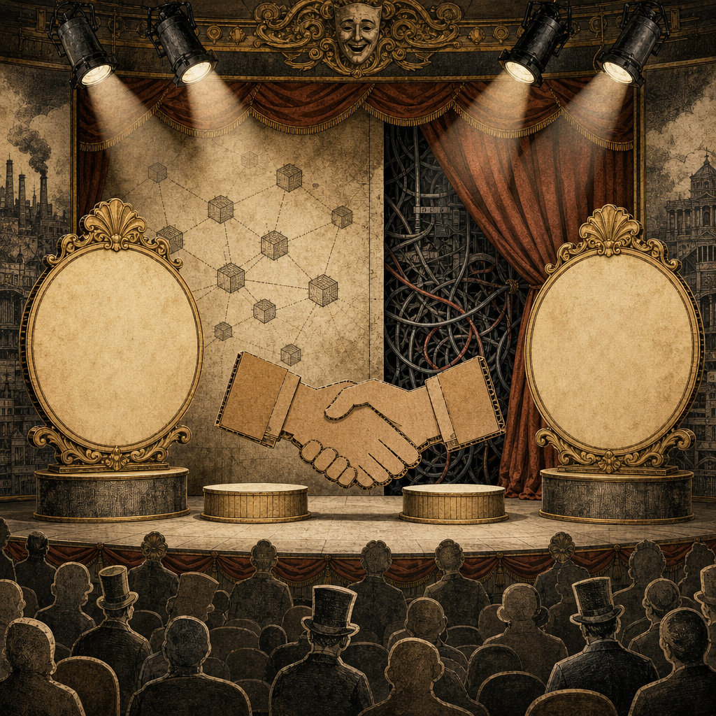 A theatrical blockchain stage framed by oversized partnership logos.