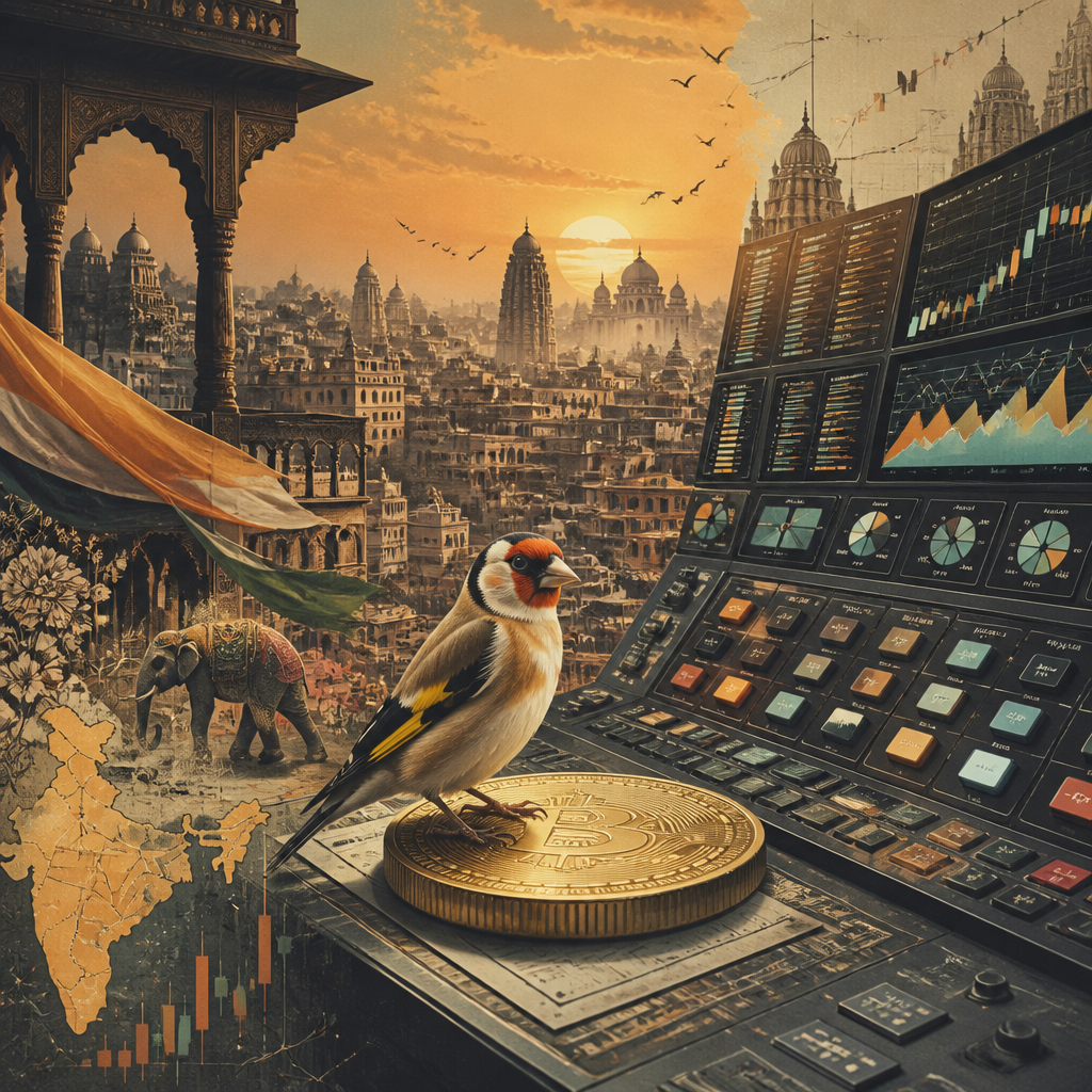 An Indian city skyline, a busy crypto trading terminal, and a small goldfinch perched on a coin.