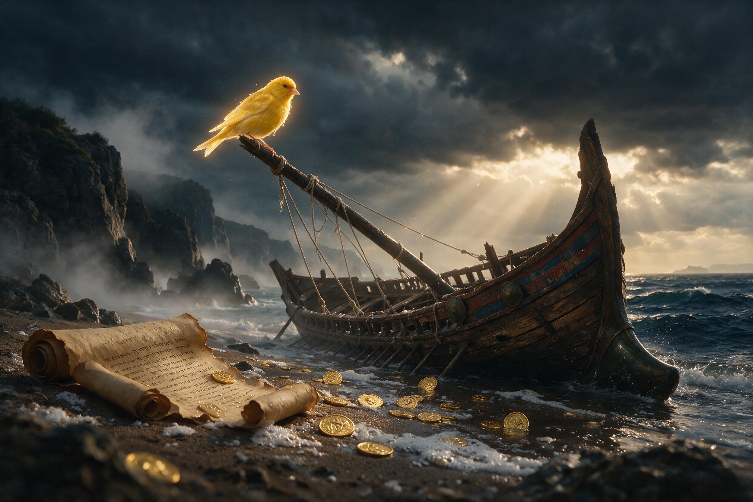 A goldfinch above a storm-dark sea and a wrecked mythic voyage.