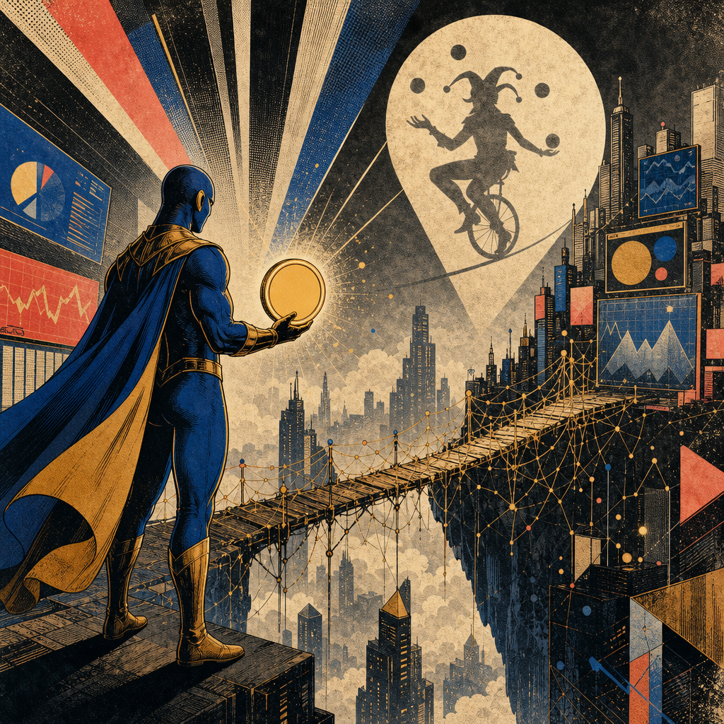 A generic masked comic-book hero stands beside a fragile bridge of glowing liquidity lines in a theatrical blue-and-gold financial city.
