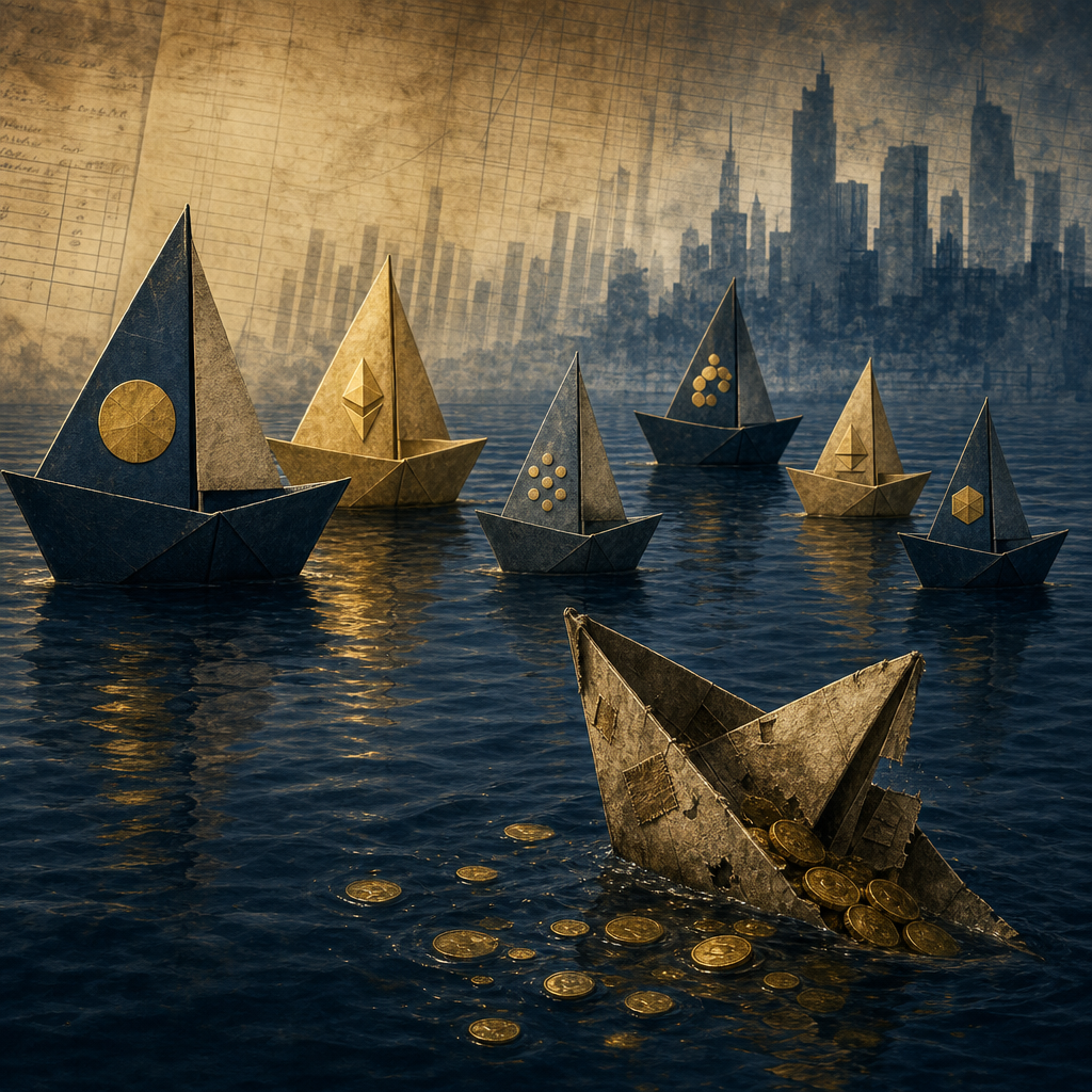 An editorial illustration of a fleet of small paper boats on dark water, most still afloat under a golden sky, while one boat in the foreground has capsized and is spilling gold coins into the water.
