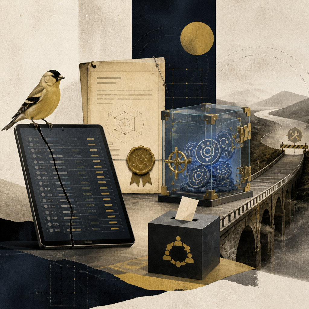 Editorial illustration of a goldfinch beside a damaged digital ledger, a treasury vault, governance documents, and a bridge toward a maintenance-mode road.