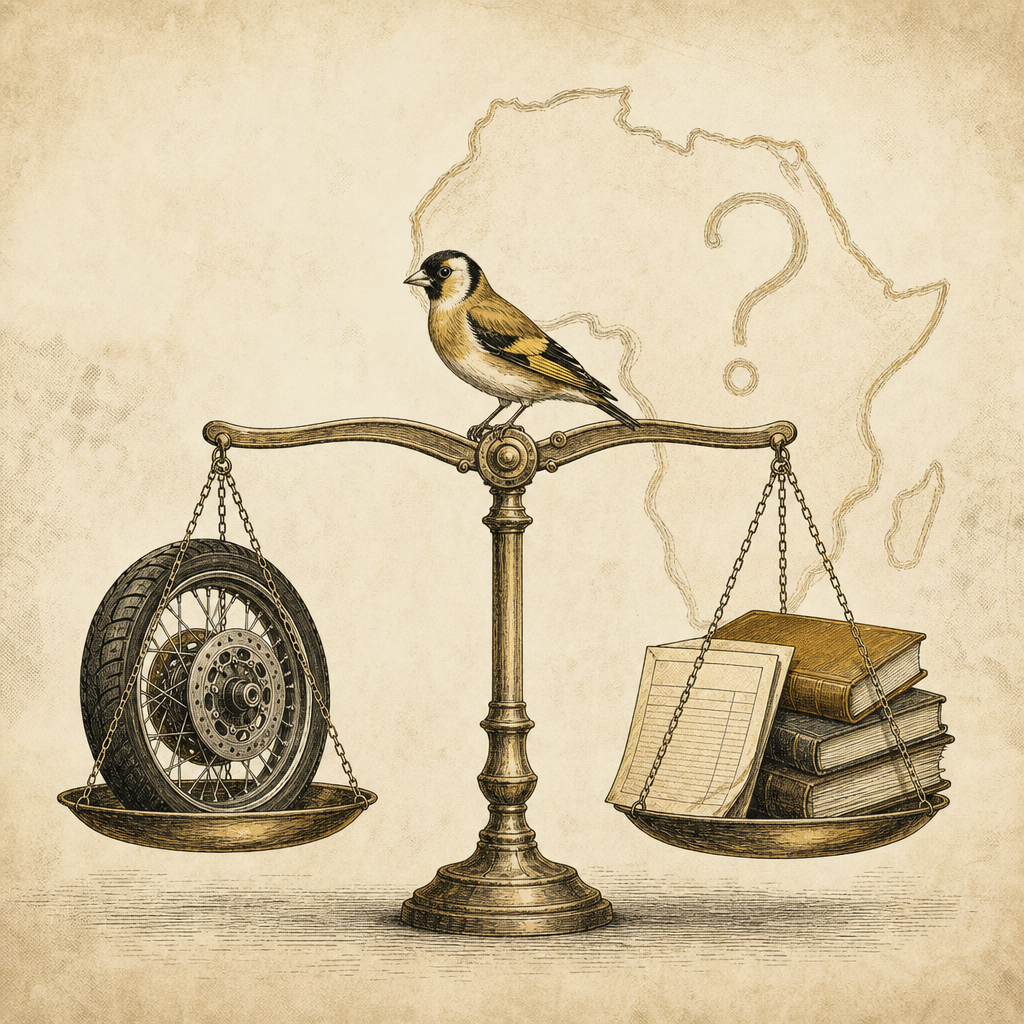 An editorial illustration of a goldfinch perched on a justice scale, balancing a motorcycle wheel against a stack of ledger books, with a faint outline of the African continent in the background.