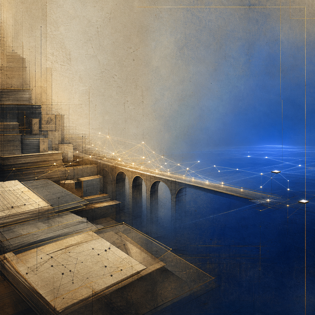 An editorial illustration of a bridge made from glowing network lines, connecting a weathered ledger landscape to a quiet blue horizon.