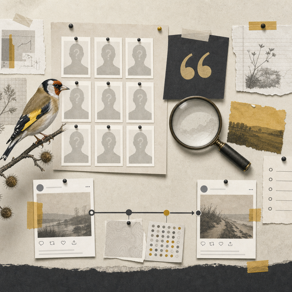 Editorial illustration of a goldfinch, anonymous team cards, a magnifying glass, and two linked social posts.
