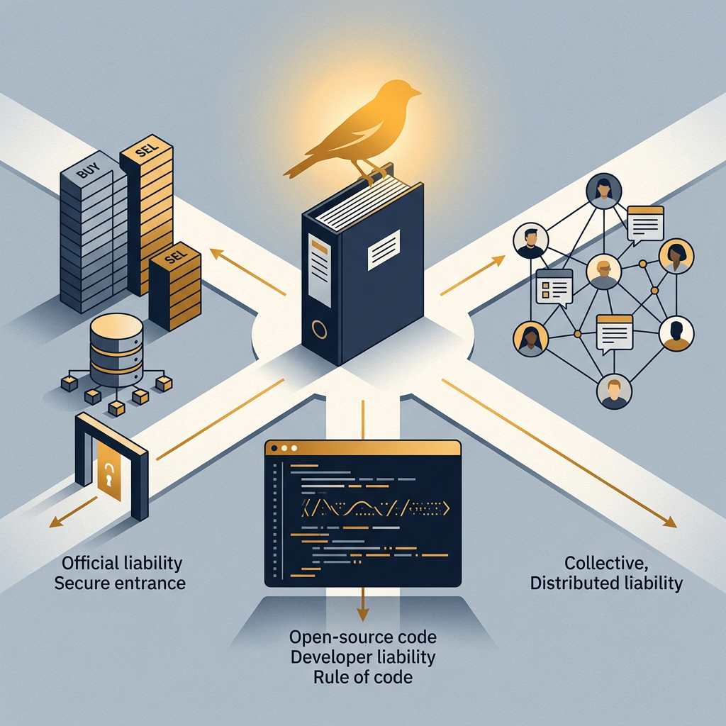 Editorial illustration of a goldfinch between an exchange order book, open-source code, and decentralized governance paths.