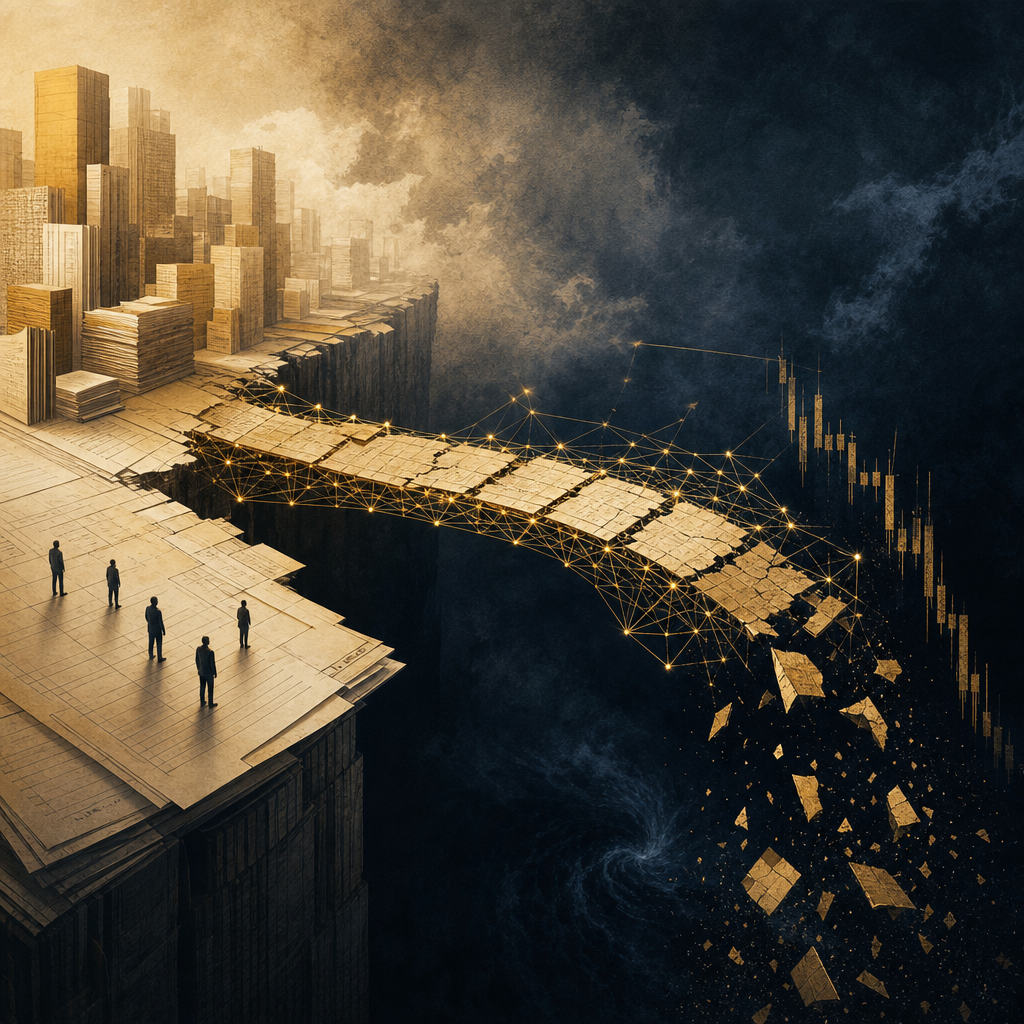 A cracked golden bridge made from paper loan documents and blockchain lines spans between a ledger city and a dark financial void.