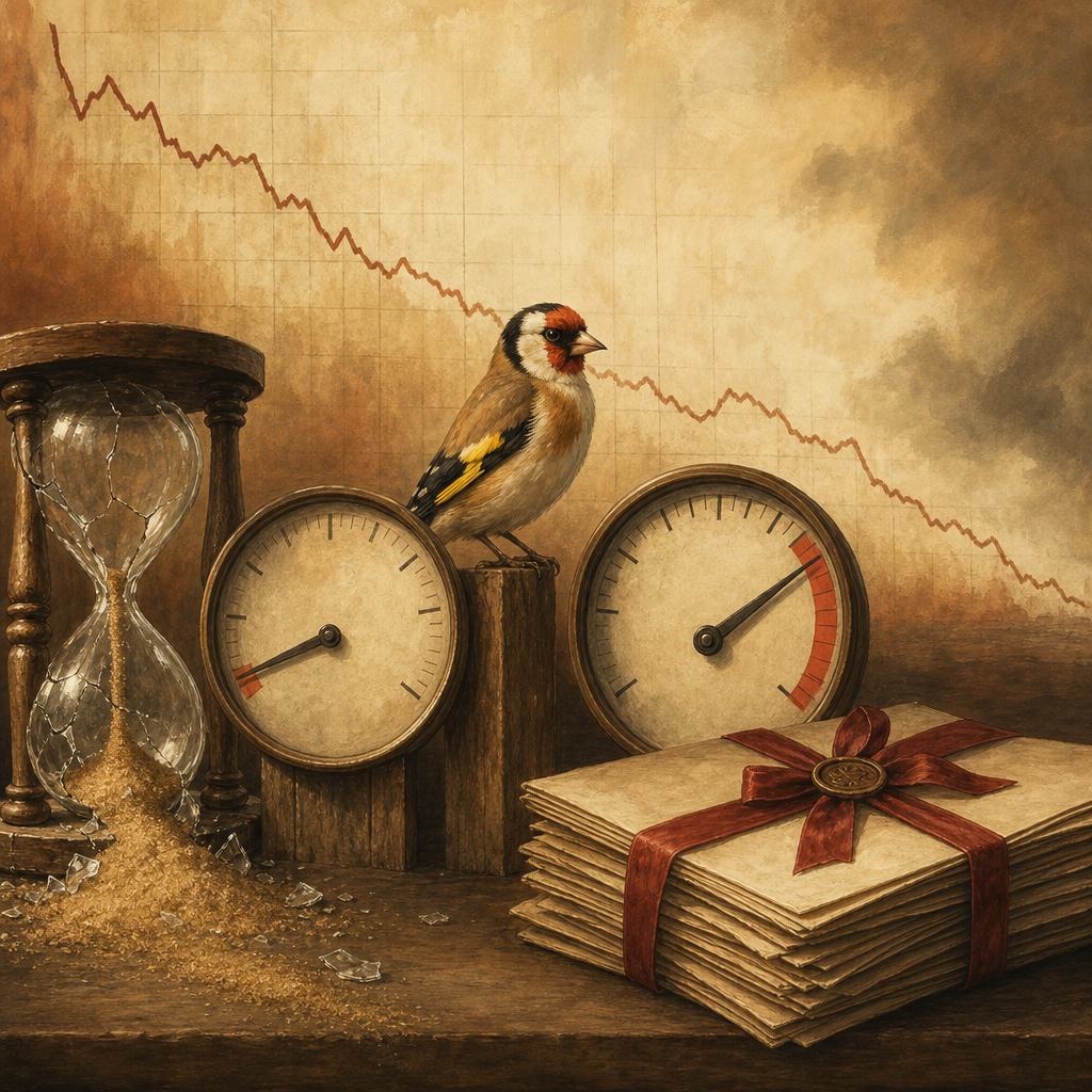 Editorial illustration of a goldfinch beside two mismatched gauge dials, a cracked hourglass, and a declining chart.