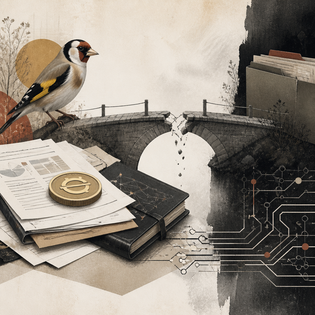 Editorial illustration of a goldfinch beside loan documents, an on-chain ledger, and a cracked bridge representing off-chain credit risk.