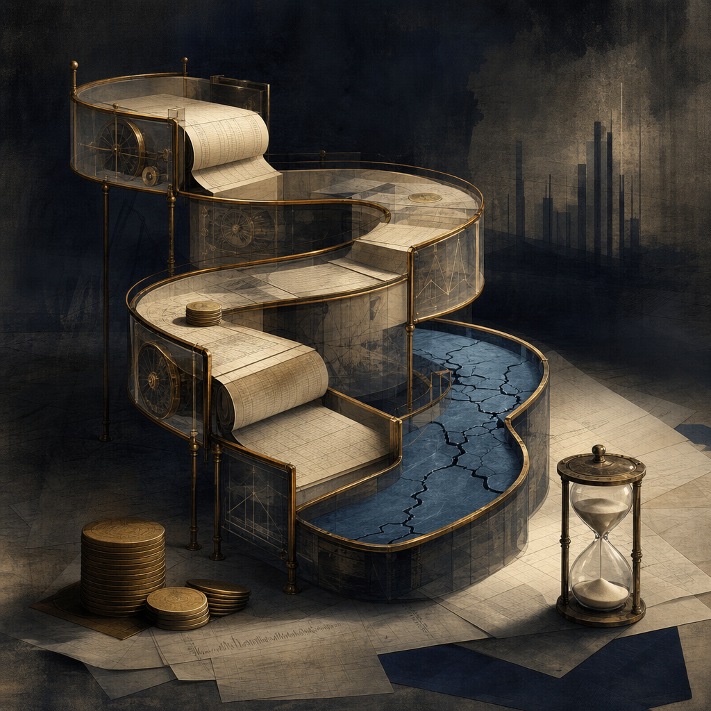 A symbolic three-stage paper and copper machine winds around a cracked blue liquidity channel beside a small hourglass.
