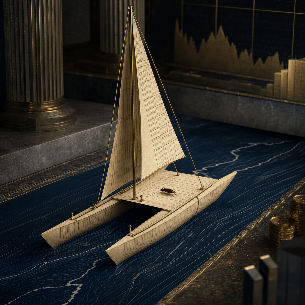 A symbolic paper catamaran carries a tiny cockroach above a darkening credit channel, with muted financial ledgers in the background.