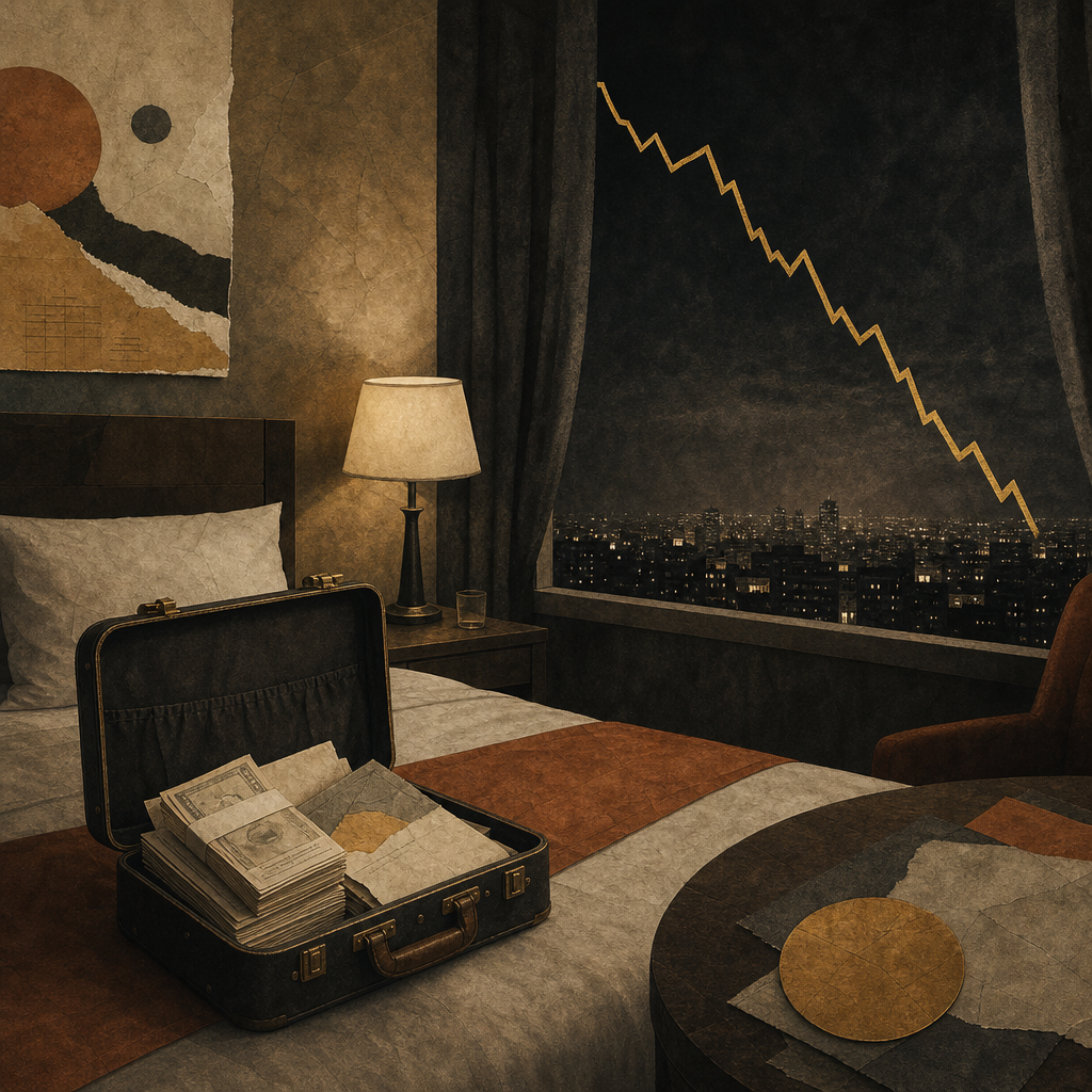 A weary goldfinch outside a fictional hotel beside a falling chart.