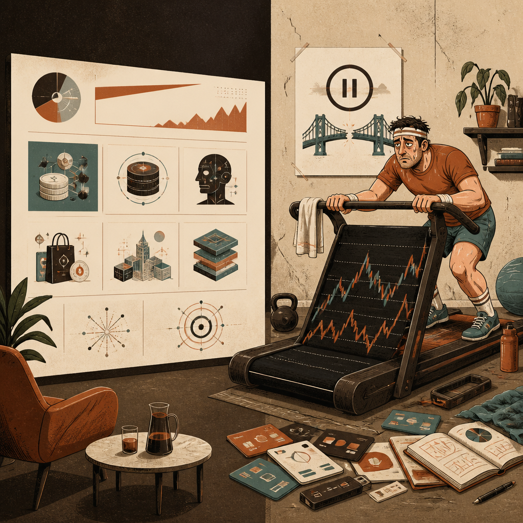 A tired investor exercising beside a crypto portfolio chart and venture pitch symbols.
