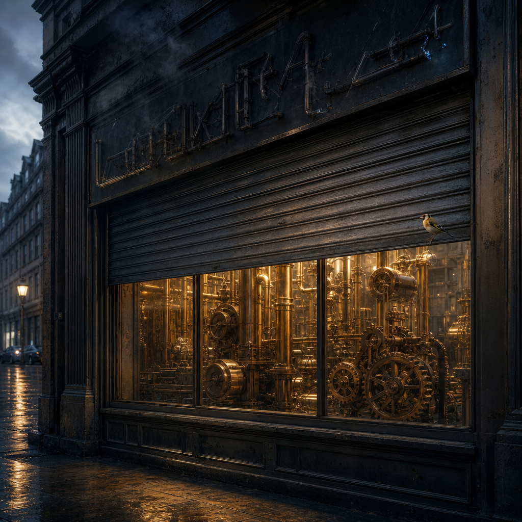 Editorial illustration of a storefront's neon sign going dark and its metal shutter halfway lowered, while sturdy glowing machinery keeps running in the space visible behind the glass, with a small goldfinch perched on the shutter watching.