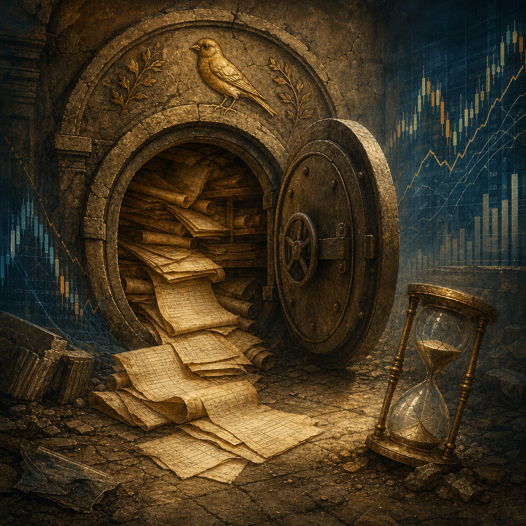 Editorial illustration of an ancient stone vault door standing open, spilling old ledger scrolls instead of treasure, with a faint gilded bird carved into the archway.