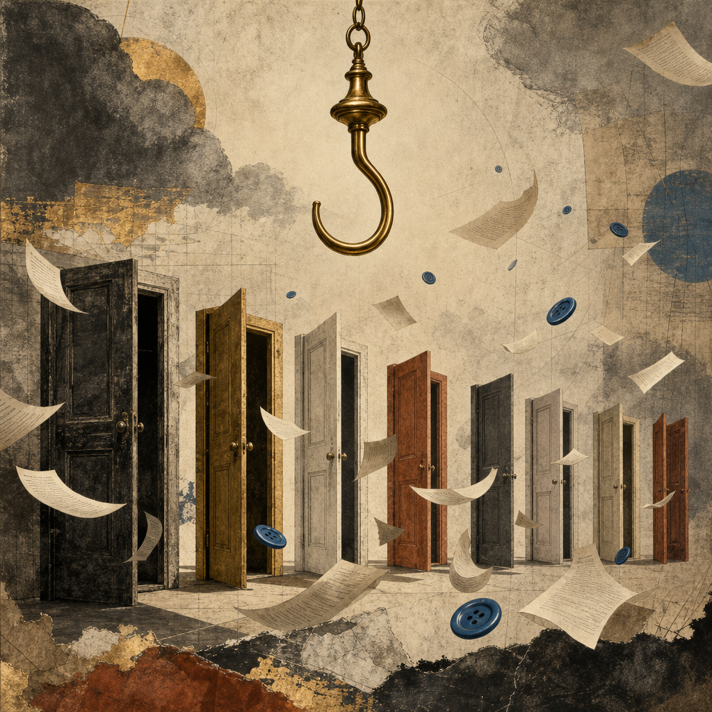 A tangled hook and contract papers representing accountability and fine print.