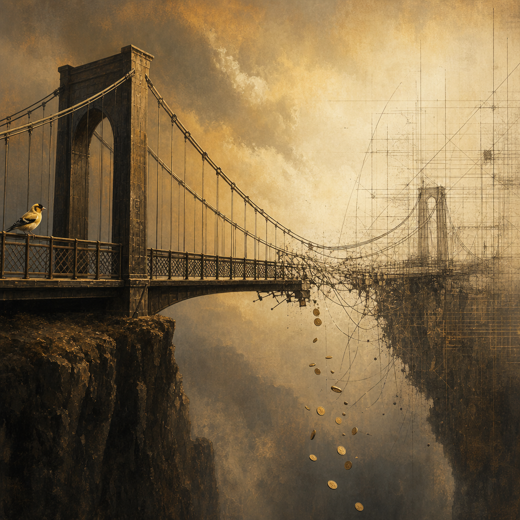 Editorial illustration of a suspension bridge spanning a chasm, with a small goldfinch perched on the intact span watching the far half dissolve into loose cable strands as coin-shaped tokens fall into shadow below.