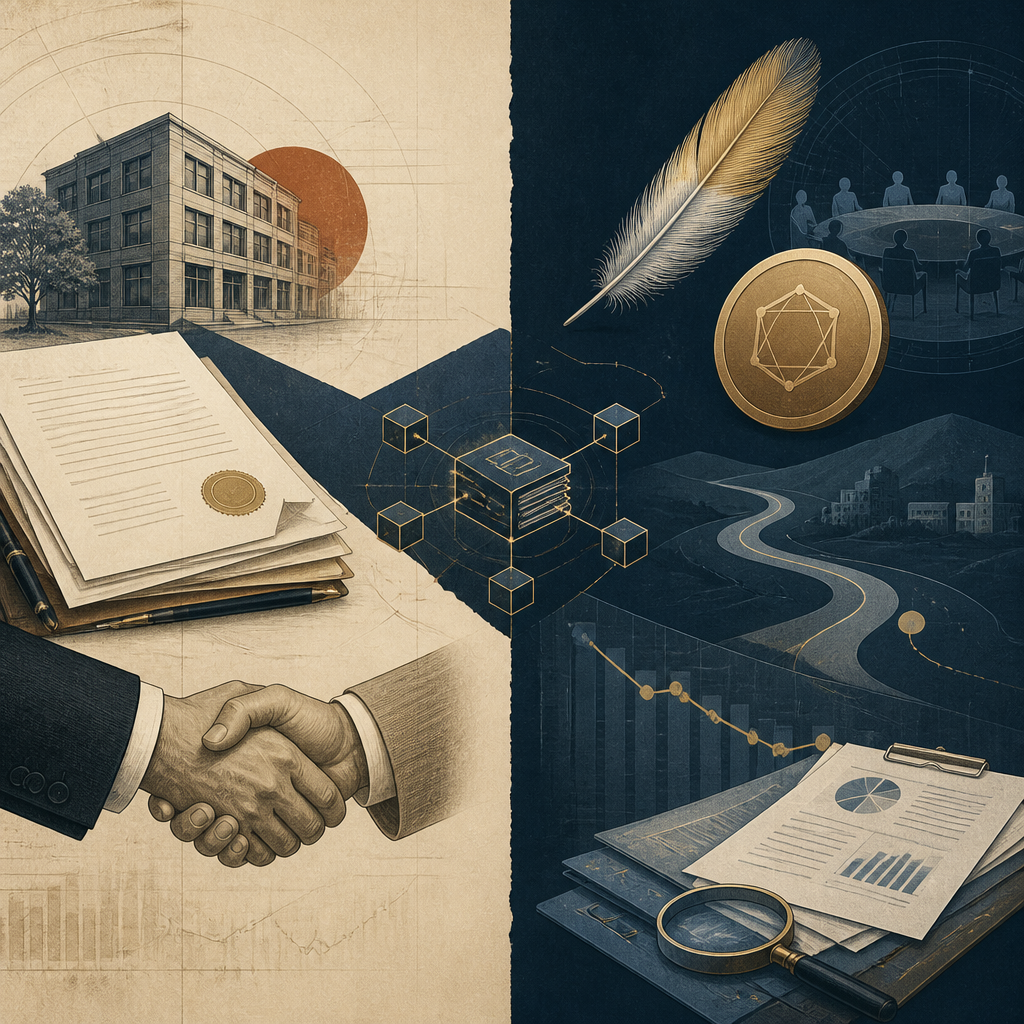 Off-chain loan documents connected to a blockchain ledger beside a goldfinch feather and a winding-down credit portfolio.