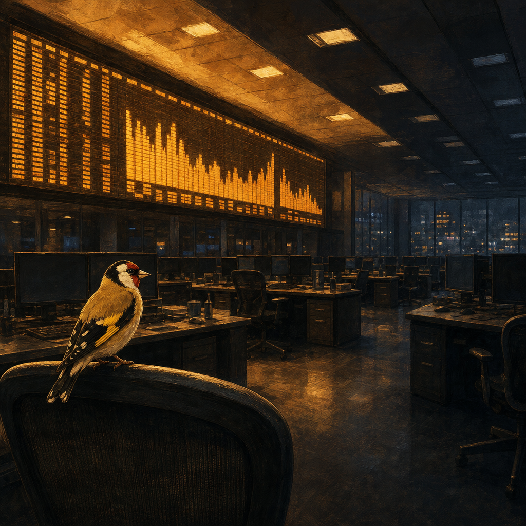 Editorial illustration of a darkened perpetual-futures trading floor at night, rows of empty desks and dormant terminal screens, one large wall-mounted display still glowing with a big scrolling volume counter, warm amber light fading into cool blue-grey shadow, and a small goldfinch perched calmly on the back of an empty chair in the foreground.
