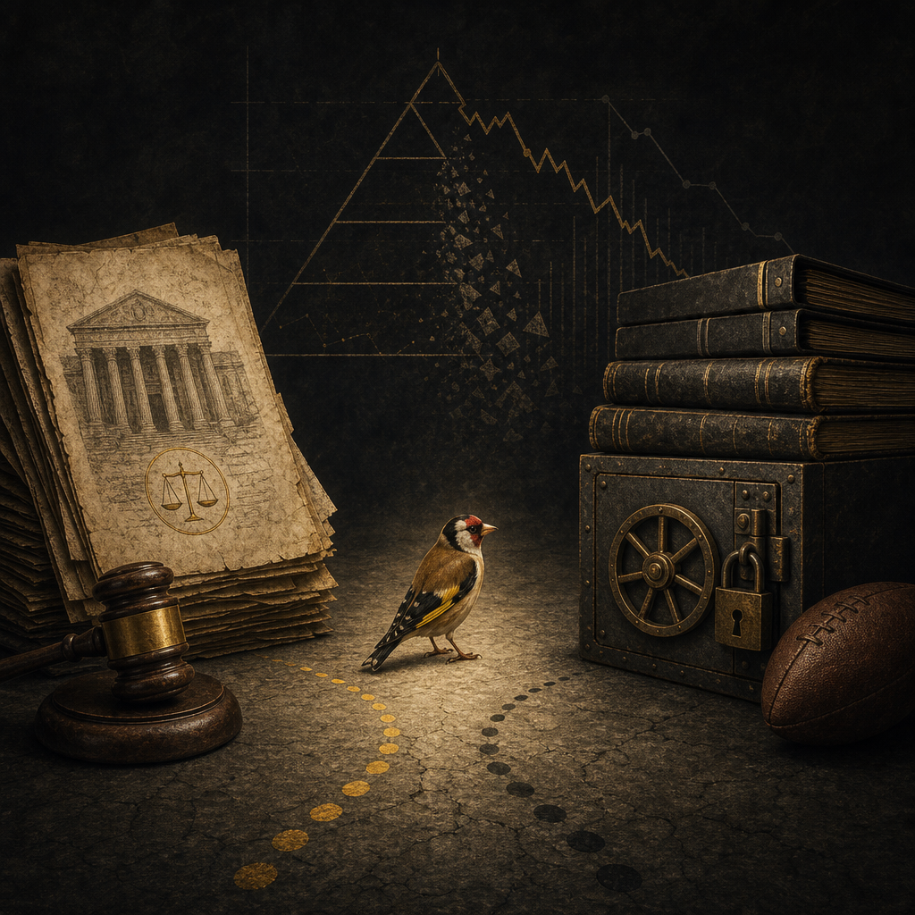 An editorial illustration of a goldfinch standing between a stack of court documents and a stack of ledgers with a vault, symbolizing the line between legal scrutiny and private-market custody.