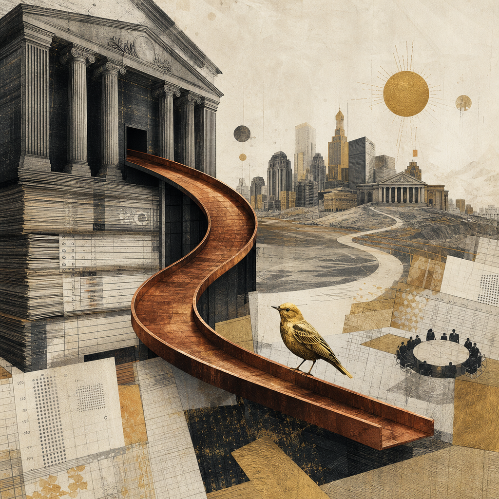 A gilded bird perched on a copper exit ramp winding away from a ledger-built institution toward a distant financial skyline.